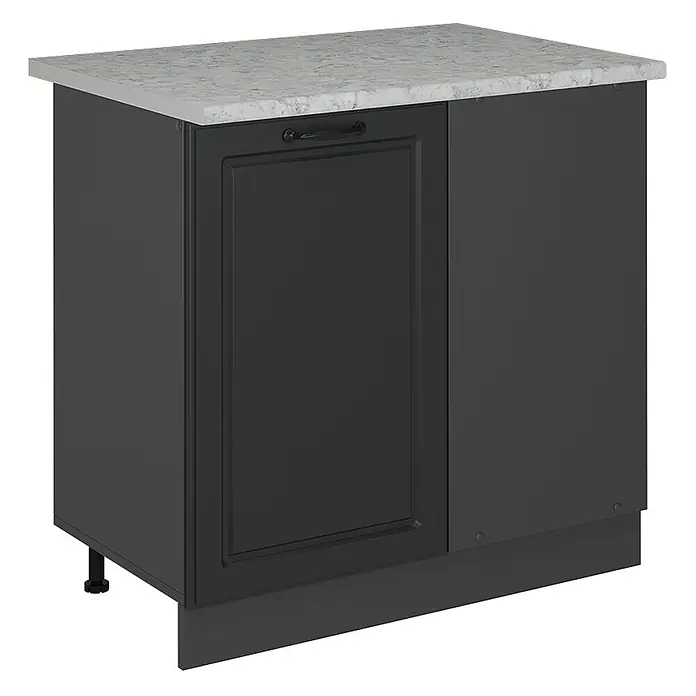 Vicco Schrankküche R-Line Anthrazit Landhaus AP Marmor - Breite: 86 cm, Anthrazit Landhaus, Eckunterschrank 86 cm - Dunkelgrauer Unterschrank mit heller grau gesprenkelter Arbeitsplatte und einer einzelnen Paneeltür mit schwarzem Griff.