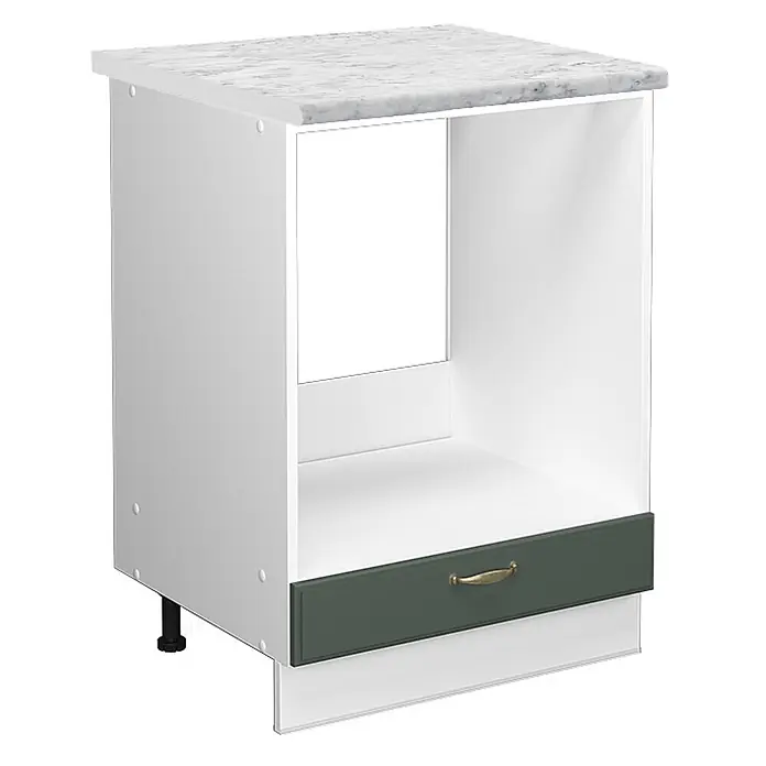 Vicco Schrankküche Fame-Line Grün-Gold Landhaus, AP Marmor - Grün-Gold Landhaus, Herdumbauschrank 60 cm, AP Marmor - Weißer Küchenunterschrank mit Marmor-Arbeitsplatte, offener Nische und dunkelgrüner Schublade mit Messinggriff.