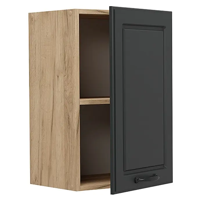 Vicco Schrankküche R-Line Anthrazit Landhaus - Breite: 40 cm, Anthrazit Landhaus, Hängeschrank 40 cm - Heller Holz-Hängeschrank mit dunkelgrauer Tür und Griff, leicht geöffnet, zeigt ein Innenregal.