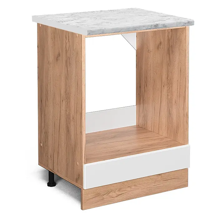 Vicco Schrankküche R-Line Weiß Hochglanz AP Marmor - Weiß Hochglanz, Herdumbauschrank 60 cm, AP Marmor - Helles Holz Küchenunterschrank mit weißer Marmorplatte und offenem Fach für Gerät.