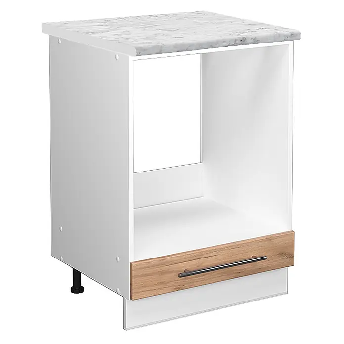 Vicco Schrankküche Fame-Line Goldkraft Eiche, AP Marmor - Goldkraft Eiche, Herdumbauschrank 60 cm, AP Marmor - Weißer Küchenunterschrank mit Marmoroptik-Arbeitsplatte, offener Nische für Einbaugerät und Holzoptik-Schublade mit Metallgriff.