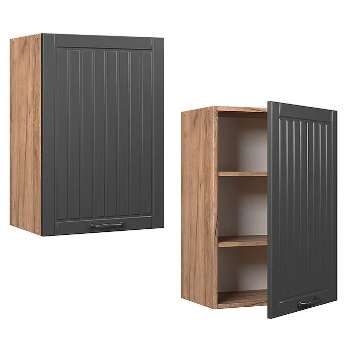 Vicco Schrankküche Fame-Line Dunkelgrau - Dunkelgrau, Hängeschrank 50 cm - Wandhängeschrank aus Holz mit dunkelgrauer gerillter Tür, geschlossen und offen mit Regalen dargestellt.