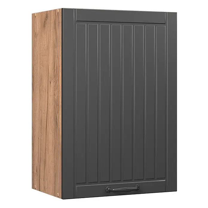 Vicco Schrankküche Fame-Line Dunkelgrau - Dunkelgrau, Hängeschrank 50 cm - Zweifarbiger Wandschrank mit dunkelgrauer, gerillter Tür und rustikaler Holzseitenwand, mit dunklem Griff.