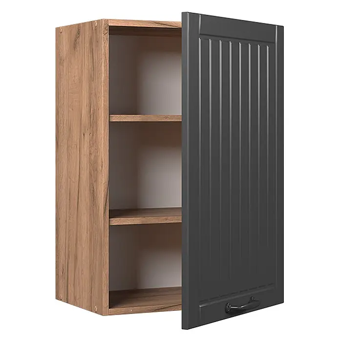Vicco Schrankküche Fame-Line Dunkelgrau - Dunkelgrau, Hängeschrank 50 cm - Wandschrank mit Holzoptik-Korpus, weißem Innenraum und dunkelgrauer gerillter Tür, die Regale zeigt.