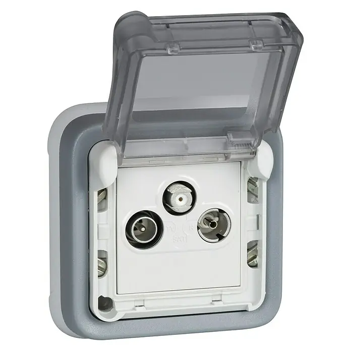 Legrand Plexo Pieza insertada para caja de antena - x 1, Plástico, Gris - Una toma de antena blanca con un marco gris y una tapa transparente, mostrando su diseño resistente a la intemperie. Ideal para uso en exteriores.