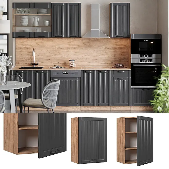 Vicco Schrankküche Fame-Line Dunkelgrau - Dunkelgrau, Hängeschrank 50 cm - Dunkelgraue Küchenschränke mit vertikalen Lamellen und Holzoptik, in einer modernen Küche.