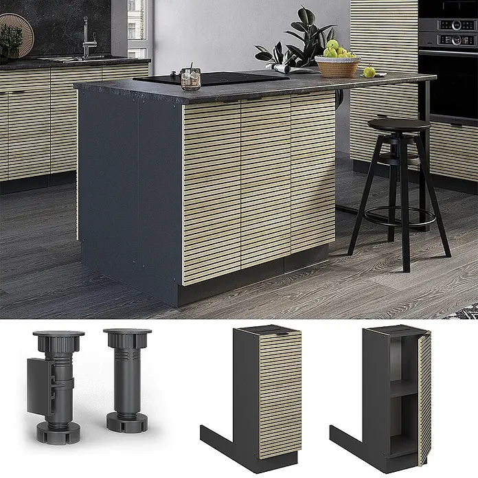 Vicco Inselküche Fame-Line Eiche Paneel ohne Arbeitsplatte - Eiche Paneel, Ohne Elektrogeräte - Dunkelgraue Kücheninsel mit Lamellenfronten aus hellem Holz, dunkler Arbeitsplatte und integrierter Bartheke.