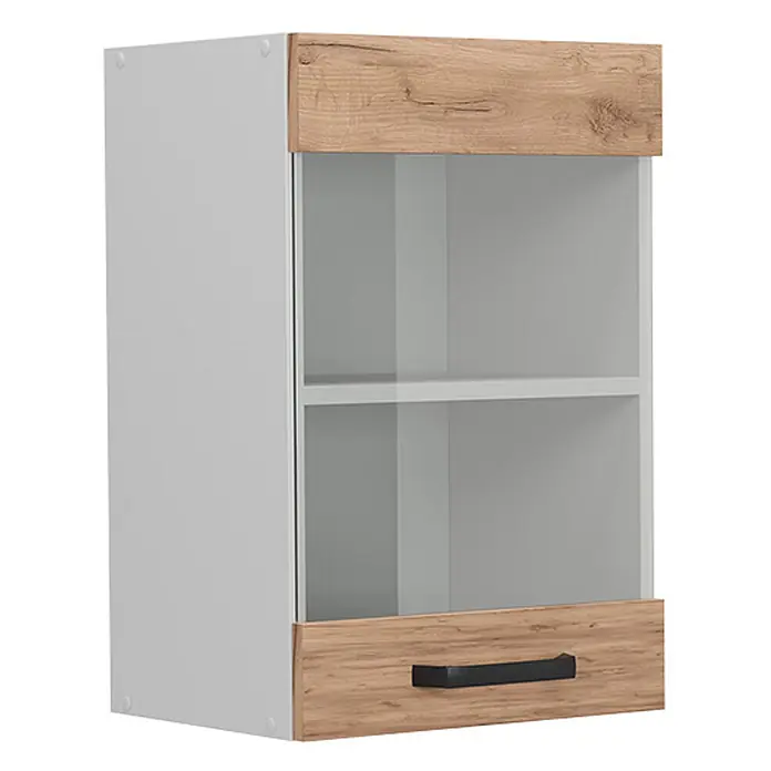 Vicco Schrankküche R-Line Goldkraft Eiche - Goldkraft Eiche, Hängeglasschrank 40 cm - Weißer Küchen-Hängeschrank in heller Holzoptik mit Glasfront, Einlegeboden und schwarzem Griff.