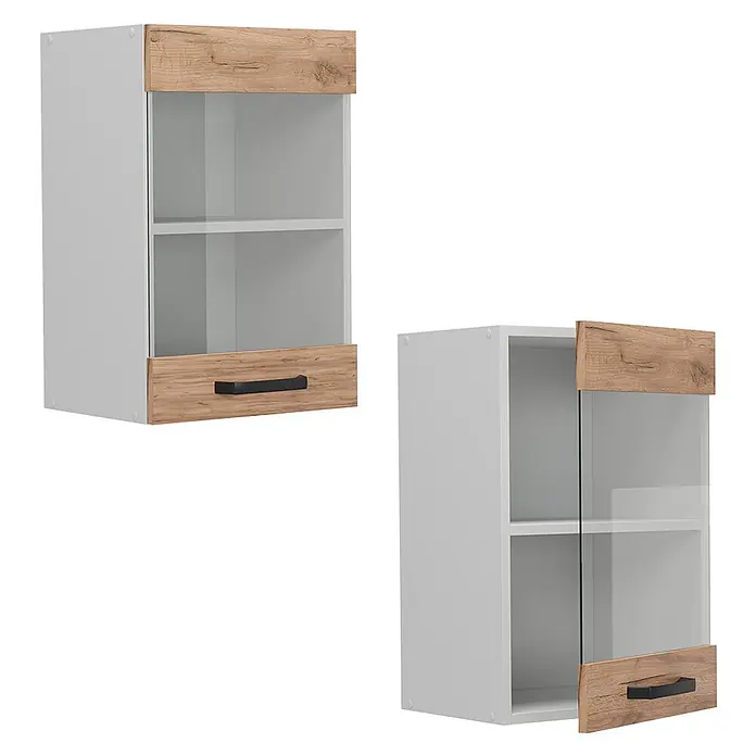 Vicco Schrankküche R-Line Goldkraft Eiche - Goldkraft Eiche, Hängeglasschrank 40 cm - Weißer Hängeschrank mit hellen Holzverkleidungen, einer Glastür mit Einlegeboden und einem schwarzen Griff. Aus zwei Perspektiven.