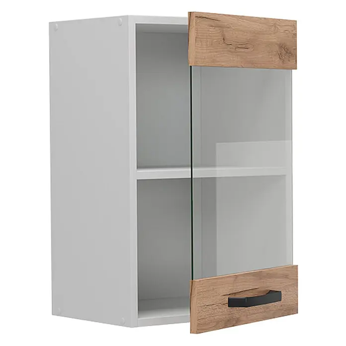 Vicco Schrankküche R-Line Goldkraft Eiche - Goldkraft Eiche, Hängeglasschrank 40 cm - Weißer Wandschrank mit offener Glastür, Holzoptik-Paneelen und schwarzem Griff, der zwei Innenregale zeigt.