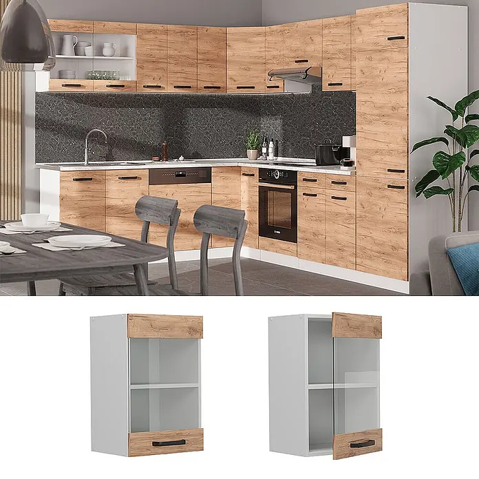 Vicco Schrankküche R-Line Goldkraft Eiche - Goldkraft Eiche, Hängeglasschrank 40 cm - Moderne Eckküche mit heller Holzmaserung und weißen Schränken, schwarzen Griffen, dunklem Fliesenspiegel.