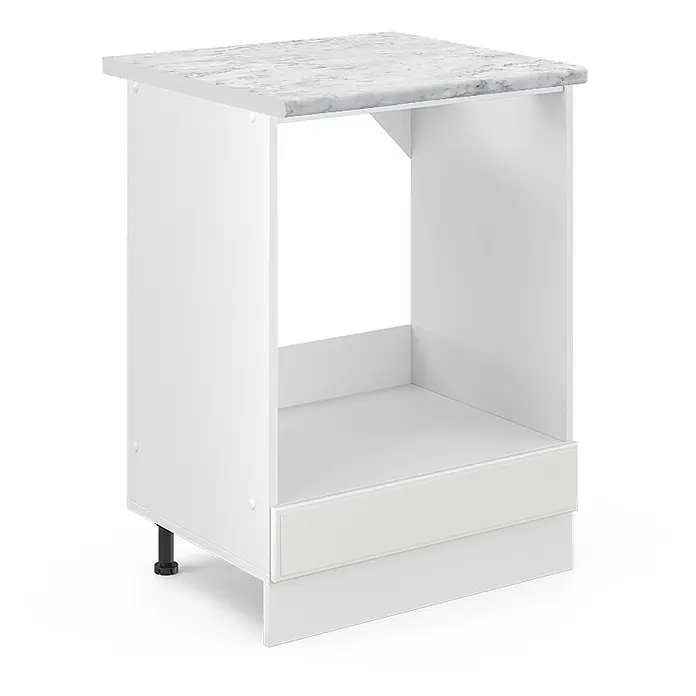 Vicco Schrankküche R-Line Weiß Landhaus, AP Marmor - Weiß Landhaus, Herdumbauschrank 60 cm, AP Marmor - Weißer Küchenunterschrank mit grauer Marmorarbeitsplatte und offenem Gerätefach. Mit Sockelblende.