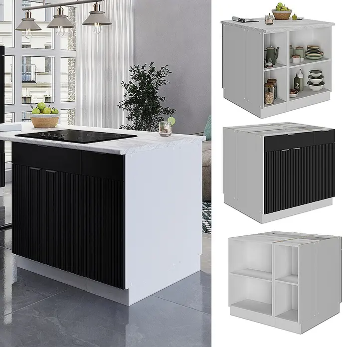 Vicco Inselküche Fame-Line Schwarz gestreift mit Schublade, ohne Arbeitsplatte - Schwarz gestreift, Ohne Elektrogeräte - Weiße Kücheninsel mit schwarzer Rippenfront & integriertem Kochfeld, in Küche & als modulare Komponenten gezeigt.