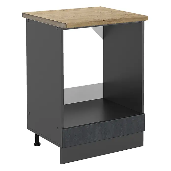 Vicco Herdumbauschrank R-Line, Schwarz Beton, 60 cm -  - Dunkelgrauer Küchenunterschrank mit Holzplatte, offene Front für Geräteeinbau.