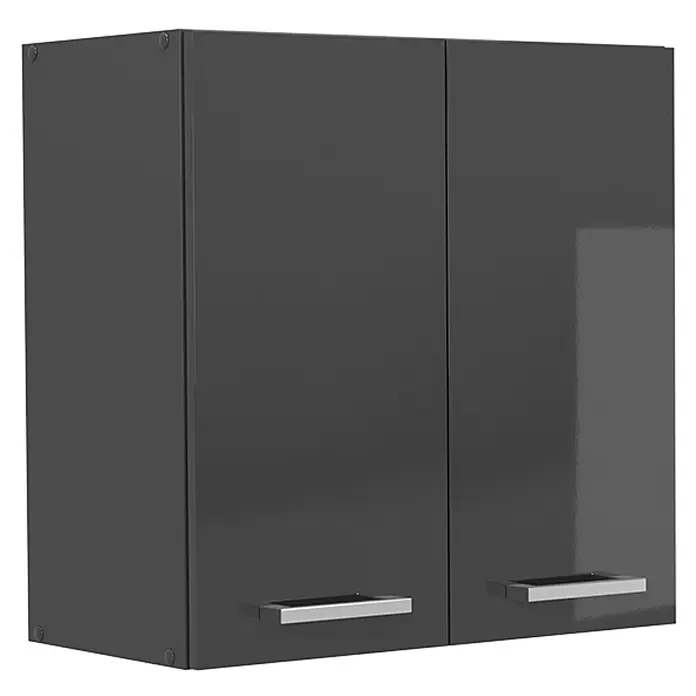 Vicco Schrankküche R-Line Anthrazit Hochglanz - Anthrazit Hochglanz, Hängeschrank 60 cm - Grauer zweitüriger Wandschrank mit silbernen Griffen.