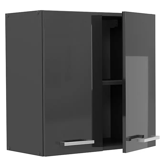 Vicco Schrankküche R-Line Anthrazit Hochglanz - Anthrazit Hochglanz, Hängeschrank 60 cm - Dunkelgrauer Wandschrank mit zwei Türen, eine leicht geöffnet, zeigt ein Regal, und Chromgriffen.