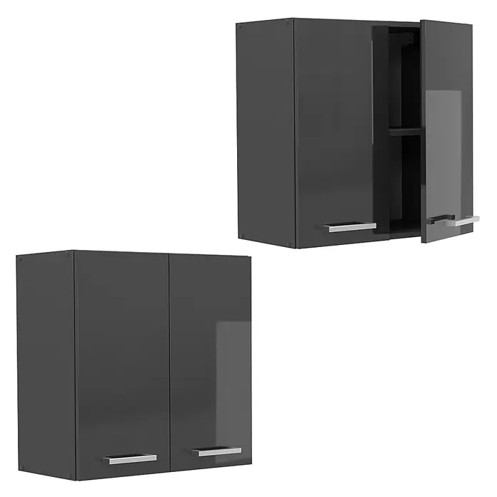 Vicco Schrankküche R-Line Anthrazit Hochglanz - Anthrazit Hochglanz, Hängeschrank 60 cm - Dunkelgraue Hochglanz-Hängeschränke, einer offen mit Regal, einer geschlossen.