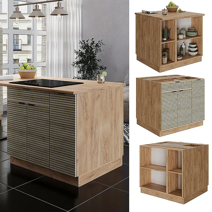 Vicco Inselküche Fame-Line Eiche Paneel mit Schublade, ohne Arbeitsplatte - Eiche Paneel, Ohne Elektrogeräte - Helle Holz-Kücheninsel mit Lamellenfronten, integriertem Kochfeld und verschiedenen Staufächern.