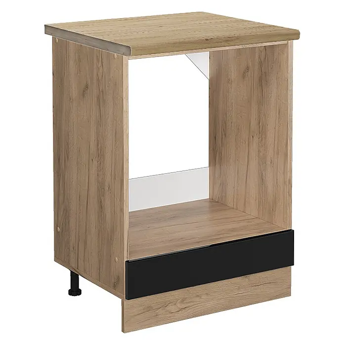 Vicco Schrankküche R-Line Schwarz Hochglanz, AP Eiche - Schwarz Hochglanz, Herdumbauschrank 60 cm, AP Eiche - Sockelschrank in heller Eichenoptik mit offenem Fach für Geräte und schwarzer Schubladenfront.