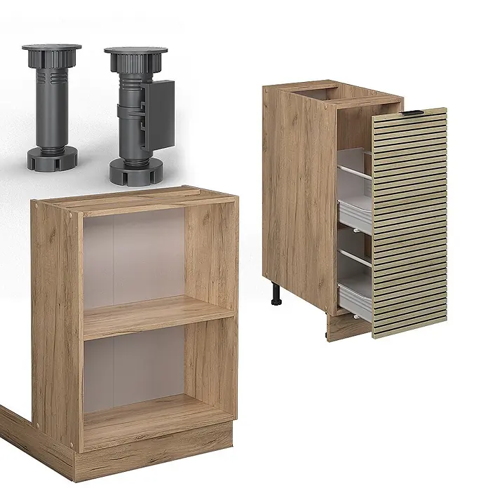 Vicco Inselküche Fame-Line Eiche Paneel mit Schublade, ohne Arbeitsplatte - Eiche Paneel, Ohne Elektrogeräte - Verstellbare dunkelgraue Schranksockelfüße, ein heller Holz-Unterschrank mit Regalen und ein schmaler Apothekerschrank mit Schubladen.