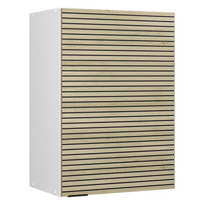 Vicco Schrankküche Fame-Line Eiche Paneel - Eiche Paneel, Hängeschrank 50 cm - Weißer Aufbewahrungsschrank mit einer Front aus hellen Holzlamellen und dunklen Zwischenräumen.