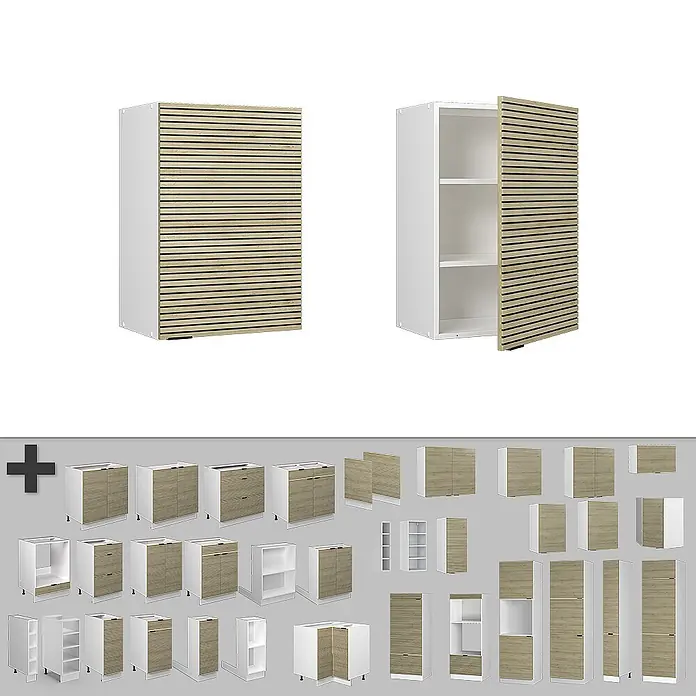 Vicco Schrankküche Fame-Line Eiche Paneel - Eiche Paneel, Hängeschrank 50 cm - Modulare Küchenschränke: helle Holzlamellentüren an weißen Rahmen. Diverse Konfigurationen mit offenen/geschlossenen Einheiten, Regalen und Schubladen.