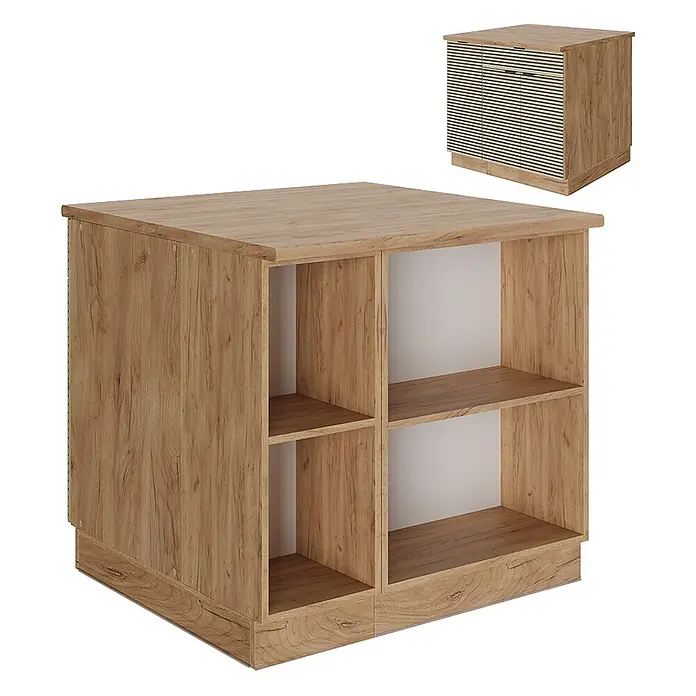Vicco Inselküche Fame-Line Eiche Paneel mit Schublade, ohne Arbeitsplatte - Eiche Paneel, Ohne Elektrogeräte - Hellbrauner Holzschrank mit offenen Regalen und Holzmaserung.