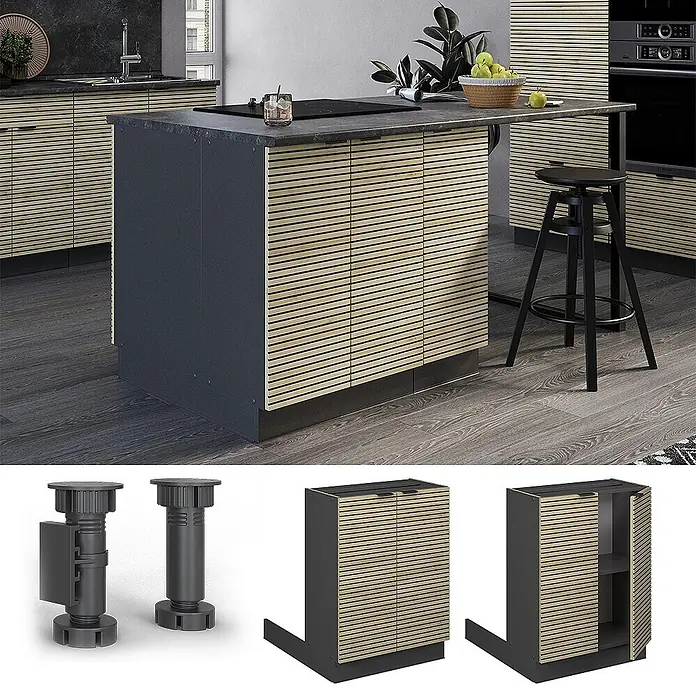 Vicco Inselküche Fame-Line Eiche Paneel ohne Arbeitsplatte - Eiche Paneel, Ohne Elektrogeräte - Modulare Kücheninsel in Dunkelgrau mit Holzlamellentüren, Herd und Sitzbereich.