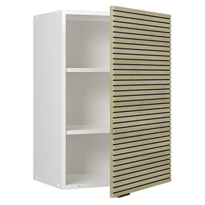 Vicco Schrankküche Fame-Line Eiche Paneel - Eiche Paneel, Hängeschrank 50 cm - Weißer Wandschrank mit zwei Regalböden und einer geöffneten Holztür mit dunklen Querlamellen.