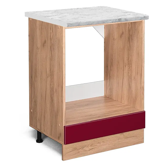 Vicco Schrankküche R-Line Rot Hochglanz AP Marmor - Rot Hochglanz, Herdumbauschrank 60 cm, AP Marmor - Küchenunterschrank aus Holz mit Marmoroptik-Platte, offenem Fach und roter Schubladenblende.