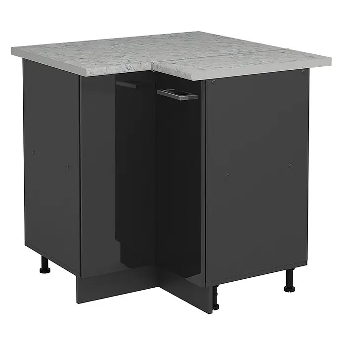 Vicco Schrankküche R-Line Anthrazit Hochglanz AP Marmor - Breite: 75,6 cm, Anthrazit Hochglanz, Eckunterschrank - Dunkelgrauer L-förmiger Kücheneckunterschrank mit marmorierter Arbeitsplatte.