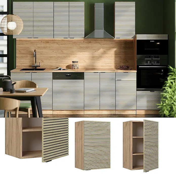 Vicco Schrankküche Fame-Line Eiche Paneel - Eiche Paneel, Hängeschrank 45 cm - Küchenschränke mit hellen Holzlamellenfronten, teilweise geöffnet, um Einlegeböden zu zeigen.