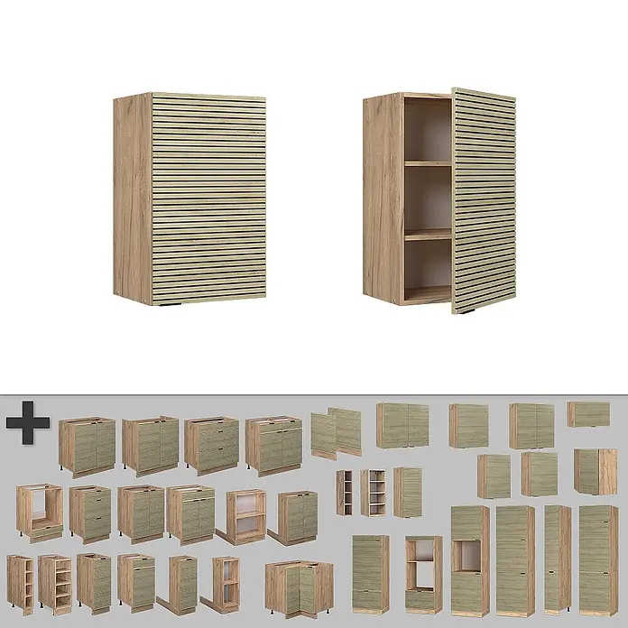 Vicco Schrankküche Fame-Line Eiche Paneel - Eiche Paneel, Hängeschrank 45 cm - Modulare Schränke aus hellem Holz mit Lamellentüren und verschiedenen Konfigurationen.