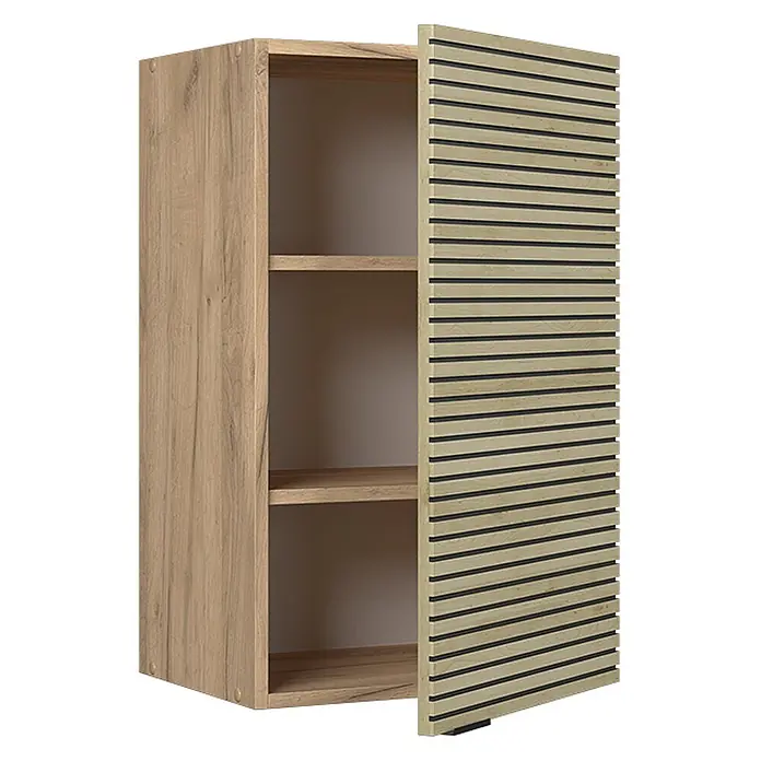 Vicco Schrankküche Fame-Line Eiche Paneel - Eiche Paneel, Hängeschrank 45 cm - Heller Eichen-Hängeschrank mit zwei Einlegeböden und einer lamellenartigen, leicht geöffneten Tür.