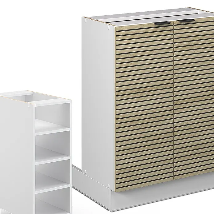 Vicco Inselküche Fame-Line Eiche Paneel ohne Arbeitsplatte - Eiche Paneel, Ohne Elektrogeräte - Weiße moduläre Schrankeinheiten; eine mit hellen Holzlamellentüren und schwarzen Griffen, die andere mit offenen Regalen.