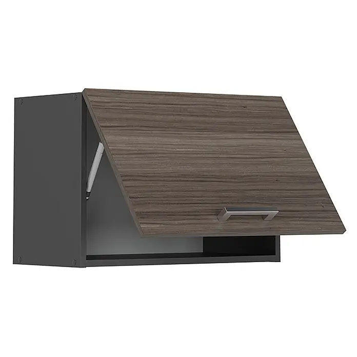 Vicco Schrankküche R-Line Edelgrau Flach - Edelgrau, Hängeschrank 60 cm (flach) - Dunkelgrauer Hängeschrank mit offener brauner Holzmaserungstür und silbernem Griff, Gasfeder sichtbar.