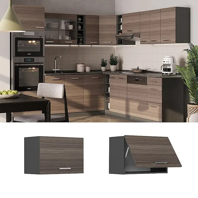 Vicco Schrankküche R-Line Edelgrau Flach - Edelgrau, Hängeschrank 60 cm (flach) - Moderne Küche mit dunklen Holzmaserungsschränken und dunkelgrauen Rahmen, inklusive Wandschrank mit Klappmechanismus.