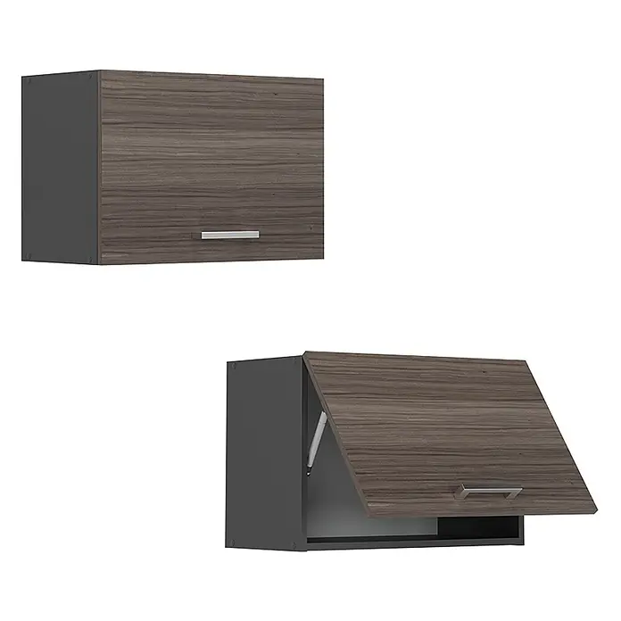 Vicco Schrankküche R-Line Edelgrau Flach - Edelgrau, Hängeschrank 60 cm (flach) - Zwei Hängeschränke, einer geschlossen und einer offen mit Klapptür, in Dunkelgrau und Holzoptik.