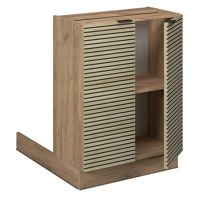 Vicco Inselküche Fame-Line Eiche Paneel ohne Arbeitsplatte - Eiche Paneel, Ohne Elektrogeräte - Helles Holzmaserung-Schrank mit Lamellentüren, eine leicht geöffnet, die ein Innenregal zeigt.