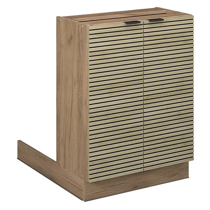 Vicco Inselküche Fame-Line Eiche Paneel ohne Arbeitsplatte - Eiche Paneel, Ohne Elektrogeräte - Helles Holzlamellen-Doppeltürschrank mit schwarzen Griffen, als Unterschrank mit Sockel konzipiert.
