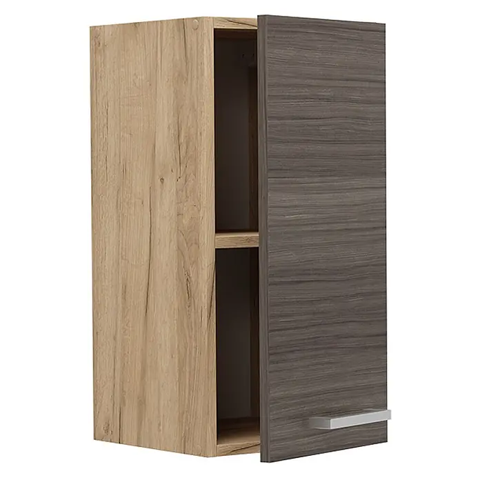Vicco Schrankküche R-Line Edelgrau - Edelgrau, Hängeschrank 30 cm - Zweifarbiger Hängeschrank mit hellem Holzrahmen und dunkelgrauer Tür, leicht geöffnet, mit Einlegeboden und silbernem Griff.