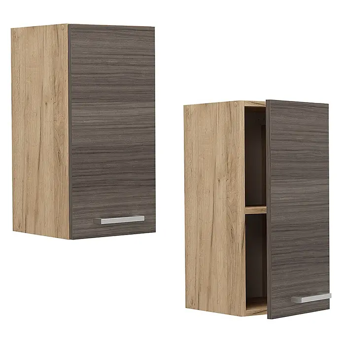 Vicco Schrankküche R-Line Edelgrau - Edelgrau, Hängeschrank 30 cm - Zwei Hängeschränke: helle Holzseiten, dunkle Holzfronten mit silbernen Griffen. Einer geschlossen, einer offen mit Regal.