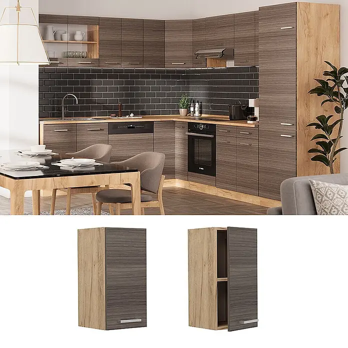 Vicco Schrankküche R-Line Edelgrau - Edelgrau, Hängeschrank 30 cm - Moderne U-förmige Küche mit dunklen Holzmaserungsschränken, hellen Holzakzenten und integrierten Geräten, inkl. Hochschrank und Wandschränken.