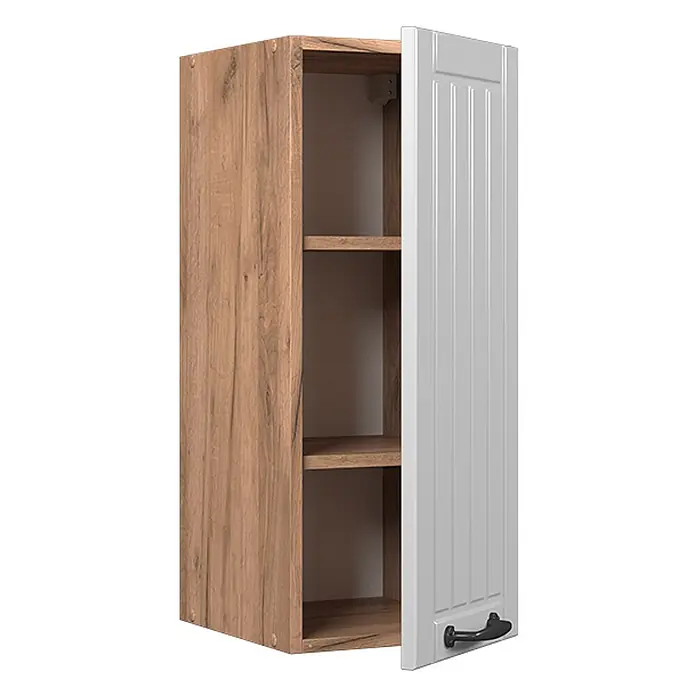Vicco Schrankküche Fame-Line Weiß Landhaus - Weiß Landhaus, Hängeschrank 30 cm - Hoher Schrank, helle Holzmaserungsseite, weiße geriffelte Tür offen zu Holzregalen.