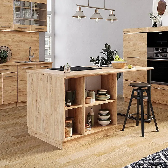Vicco Inselküche Fame-Line Goldkraft Eiche mit Schublade, ohne Arbeitsplatte - Goldkraft Eiche, Ohne Elektrogeräte - Helle Holzkücheninsel mit integriertem Kochfeld und offenen Regalen, Teil einer modernen Kücheneinrichtung.