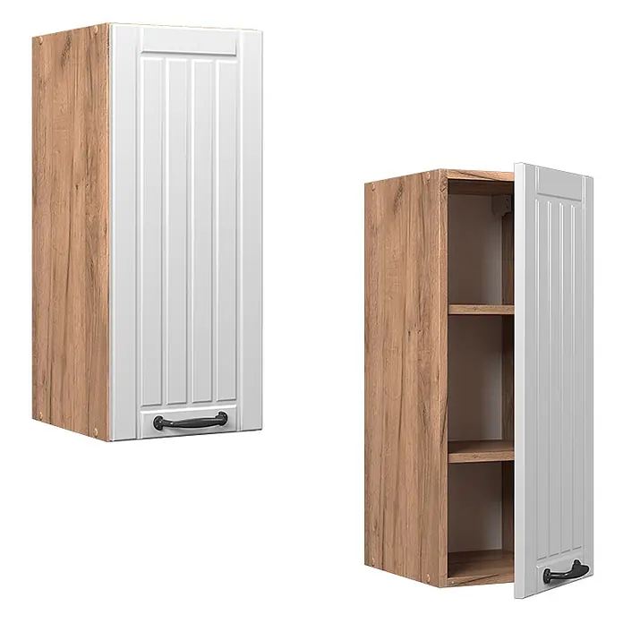 Vicco Schrankküche Fame-Line Weiß Landhaus - Weiß Landhaus, Hängeschrank 30 cm - Zwei rustikale Hängeschränke mit hellbraunen Holzseiten, weißen Lamellentüren und schwarzen Griffen, einer offen mit Regalböden.