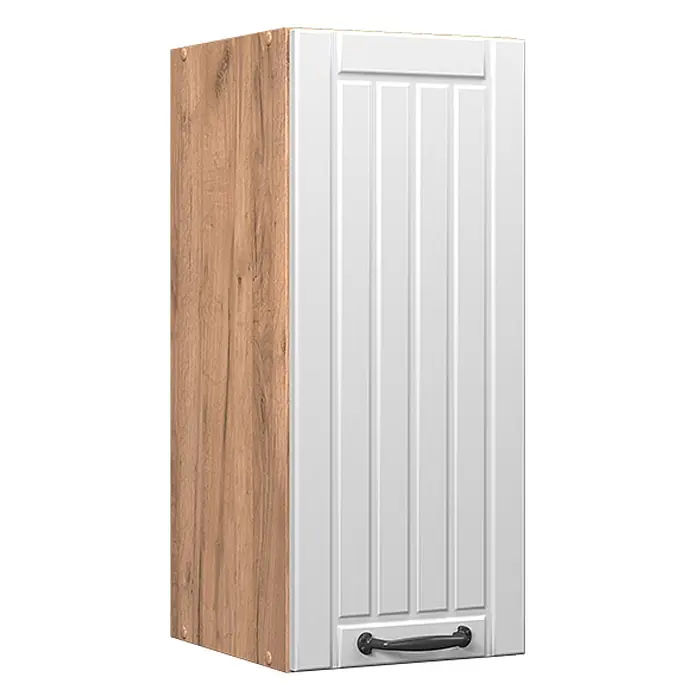 Vicco Schrankküche Fame-Line Weiß Landhaus - Weiß Landhaus, Hängeschrank 30 cm - Wandschrank mit Seitenwand in Holzoptik und weißer, vertikal gerillter Tür mit dunklem Griff.