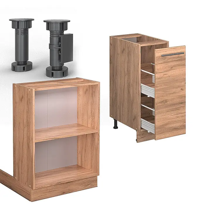Vicco Inselküche Fame-Line Goldkraft Eiche mit Schublade, ohne Arbeitsplatte - Goldkraft Eiche, Ohne Elektrogeräte - Verstellbare dunkelgraue Möbelfüße, ein heller Holz-Unterschrank mit Regalen und ein Küchen-Auszugsschrank mit weißen Schubladen.
