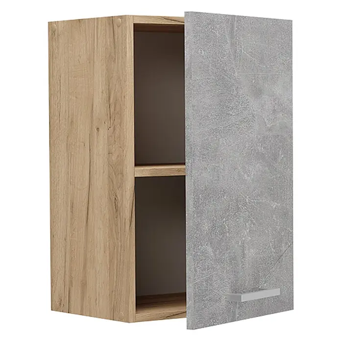 Vicco Schrankküche R-Line Beton - Beton, Hängeschrank 40 cm - Wandschrank mit heller Holzoptik-Seite und grauer Betonoptik-Tür, geöffnet mit zwei Regalböden und silbernem Griff.