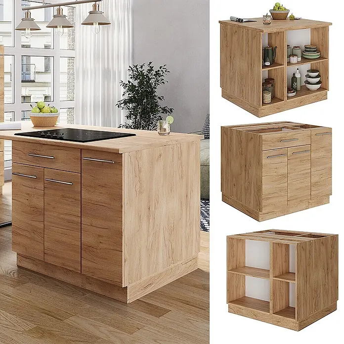 Vicco Inselküche Fame-Line Goldkraft Eiche mit Schublade, ohne Arbeitsplatte - Goldkraft Eiche, Ohne Elektrogeräte - Kücheninsel in heller Holzoptik mit integriertem Kochfeld, Schubladen und Seitenregalen, als Ganzes und modular gezeigt.